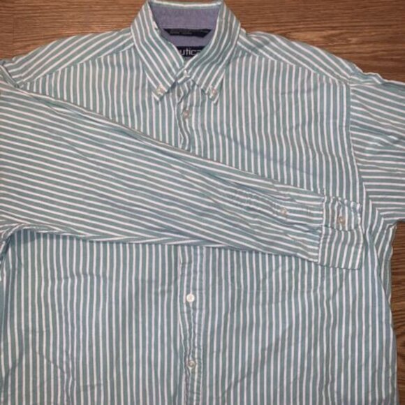 Nautica Vintage Button Down Shirt Green White Striped 90s Mens Medium Old Logo - Picture 1 of 9